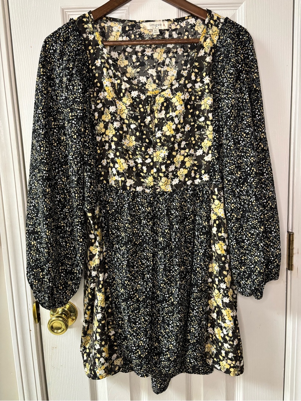 Umgee Black Floral Smocked Dress with Yellow and White Blooms